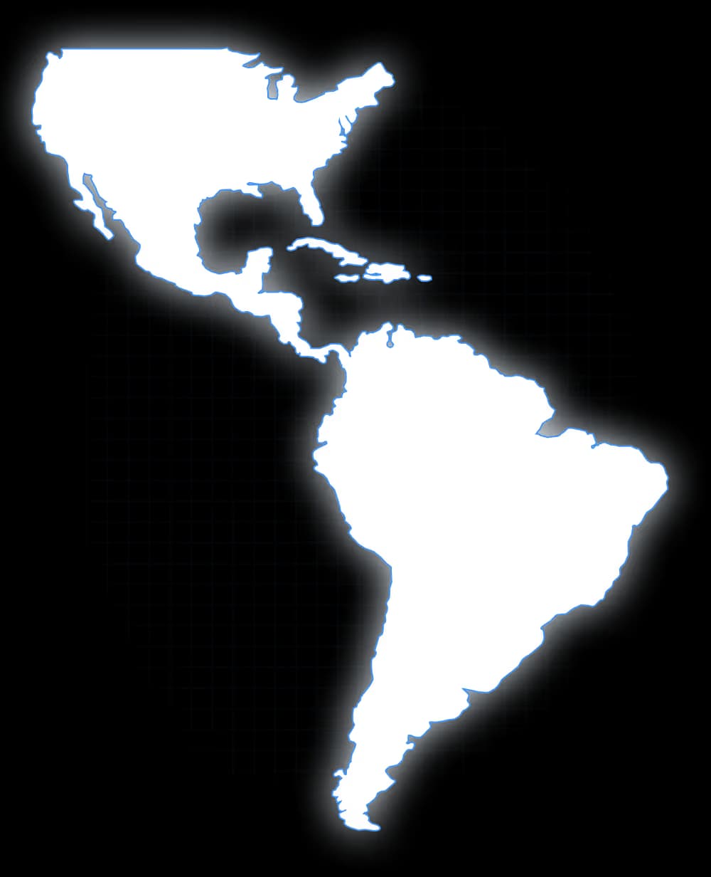 Mapa con el contorno de Estados Unidos, México, Centroamérica, el Caribe y América del Sur sobre un patrón de cuadrícula azul.